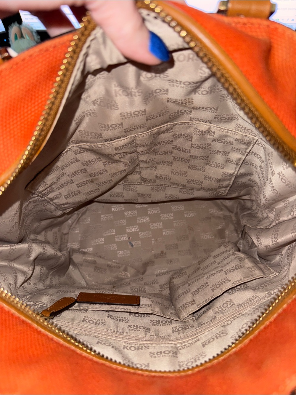Michael Kors Kingsbury Orange Canvas Bucket Bag Cognac Leather Crossbody - Picture 9 of 13